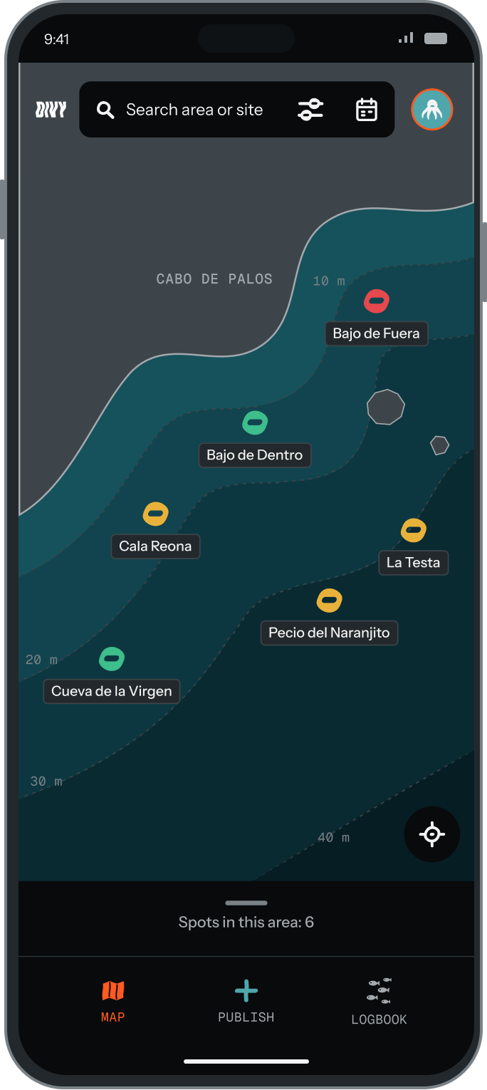 The Divy map with the Cabo de Palos dive sites